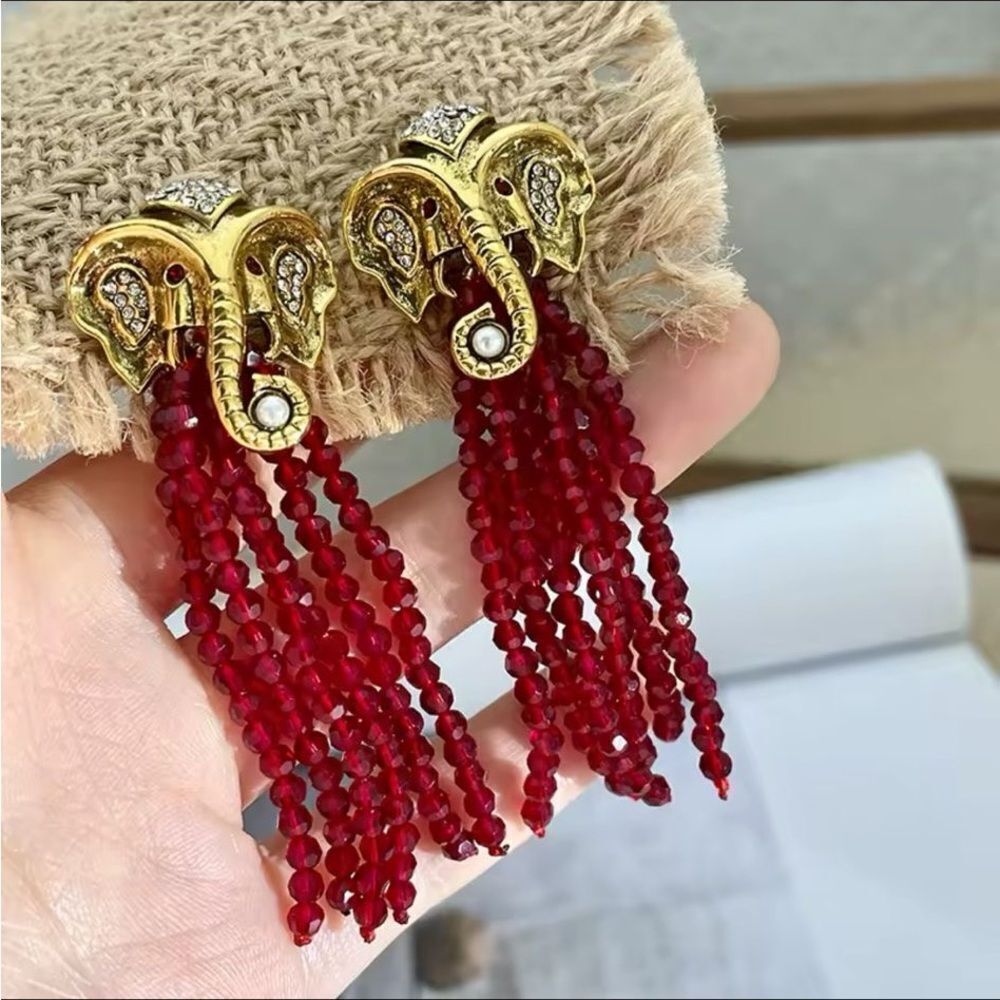 Golden Elephant Tassel Earrings - Picture 2 of 5